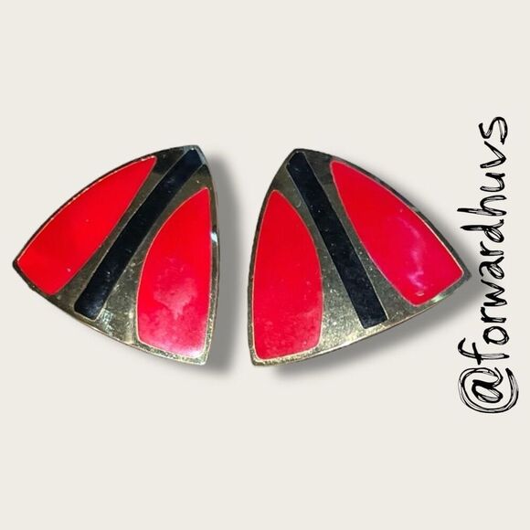 Bundle Sale 3 for $15 | Vintage 1980s Red, Black & Gold Tone Geometric Earrings - Picture 1 of 8